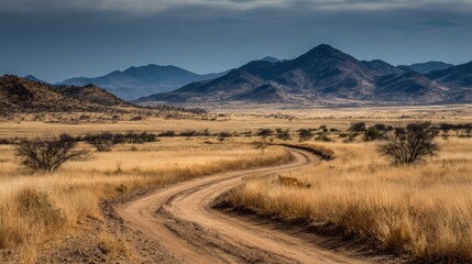 Fototapeta premium Scenic African Landscape with Winding Dirt Road Through Golden Grasslands and Distant Mountain Range
