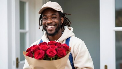 joyful man with dreadlocks holds red roses, wearing white sweatshirt, in front of white door, conveying happiness and celebration, joyful moment, love, romance, gift, Valentines Day