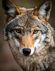 Close-up of a coyote's alert face, showcasing detailed fur and intense, golden eyes