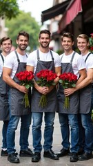Five men, dressed in white shirts and gray aprons, stand outdoors holding bouquets of red roses,  Valentines Day, love, atmosphere in urban setting, teamwork, delivery, service