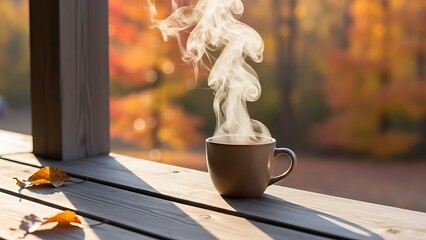 A steaming mug of hot coffee sits on a rustic wooden deck with vibrant autumn trees in the background, creating a cozy fall scene.