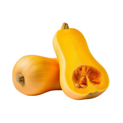 Butternut squash, one whole and one cut in half, isolated on white background, png