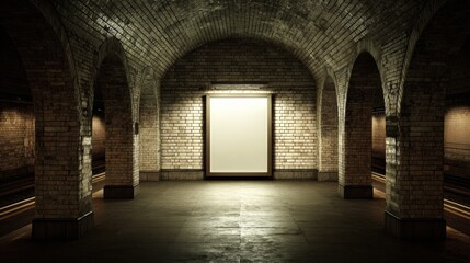 Fototapeta premium Blank Billboard in a Subway Tunnel: Urban Advertising Mockup with Brick Arches and Dramatic Lighting