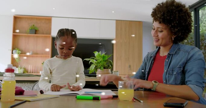 Mom offering pencil, child reacting then taking it, doing finger counting and writing homework