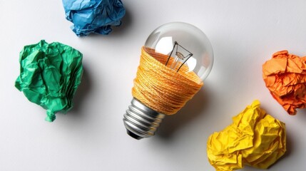 A transparent light bulb with a bright filament wrapped in golden yellow string, surrounded by colorful crumpled papers,