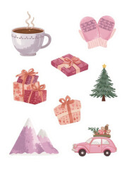 Winter Festive Illustrations: A charming collection of watercolor illustrations features Christmas tree, wrapped gifts, cozy mittens, hot beverage, vintage car, and mountainous landscape.