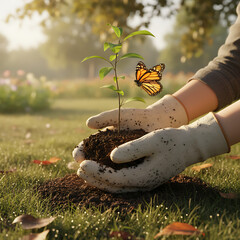 Hands planting a sapling with a butterfly resting on a leaf in a lush green garden with sunlight filtering through trees, symbolizing growth and nature's beauty