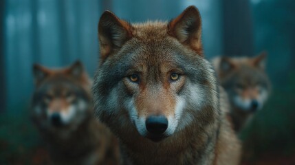 A captivating image of a wolf pack in the forest, their gaze is intense. The pack is alert, with a strong presence. The scene is both intriguing and commanding