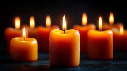 Glowing candles illuminating a dark space, radiating warmth and creating a peaceful ambiance. The warm glow creates an inviting feeling