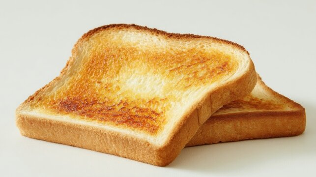 Two slices of toasted bread arranged side by side on a clean white surface,
