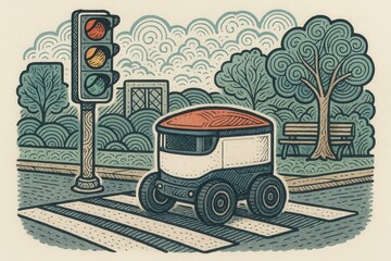 Autonomous delivery robot navigating crosswalk beneath traffic light in urban park representing the future of last mile logistics and smart city infrastructure