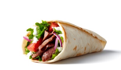 Delicious beef wrap with fresh veggies and cream sauce. This mouthwatering food is perfect for a quick lunch or snack. Enjoy a taste of flavor wrapped in soft tortillas. AI