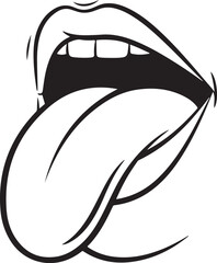 Bold black and white silhouette of an open mouth sticking out its tongue isolated on transparent background