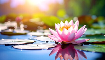 Close-up of a pink lotus flower on a pond with blurred green leaves and sunlight