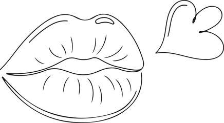 Black outline silhouette of kissing lips sending a heart isolated on transparent background