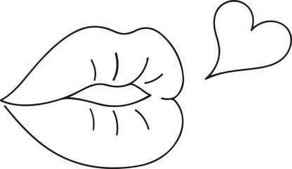Black outline silhouette of kissing lips sending a heart isolated on transparent background
