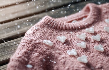 Pink knitted sweater with ice hearts in falling winter snow