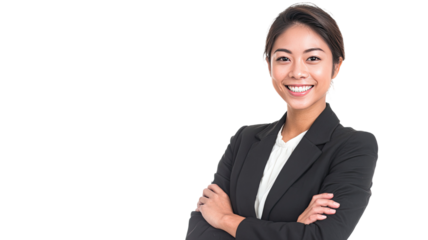 Confident smiling businesswoman in formal suit with arms crossed standing professionally for corporate presentation isolated on white background