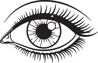 Detailed black and white eye silhouette with long lashes isolated on transparent background