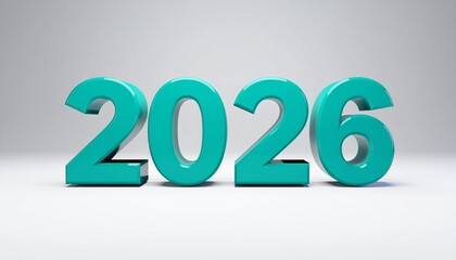 “Three-dimensional turquoise numbers ‘2026’ standing upright on reflective surface with gradient gray background”