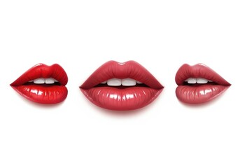 Obraz premium Three pairs of luscious lips with glossy red and pink lipstick
