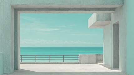 Fototapeta premium Minimalist Coastal Architecture Framing Ocean View, Featuring Clean Lines and a Serene Turquoise Color Palette