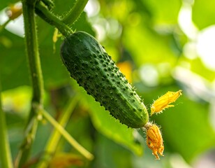 Close-up of a cucumber hanging on a vine with yellow flower and leafy green backdrop