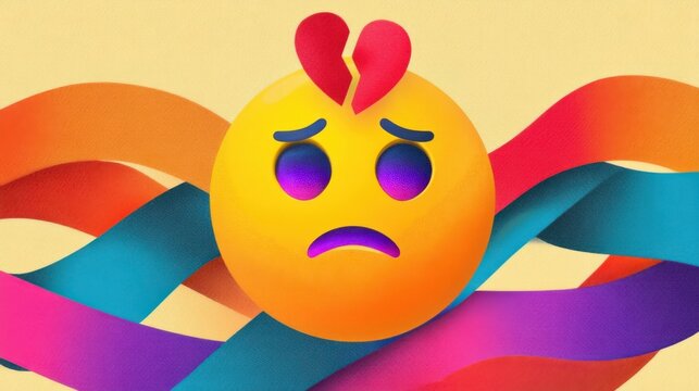 A broken-hearted emoji with sad purple eyes and red gaping hearts floats amid vibrant multicolored ribbons on a light ye
