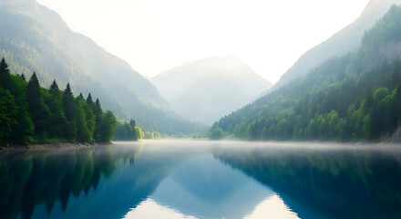 Serene mountain lake landscape with misty forest reflections in calm water during sunrise or sunset with natural light
