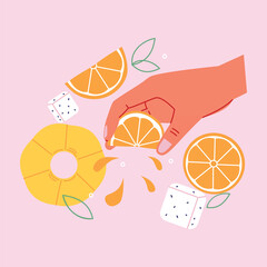 Fun flat illustration of a hand squeezing citrus juice with fresh tropical fruits.