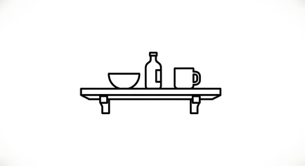 Simple breakfast setup with bowl, bottle, and mug on wooden shelf in minimalist style