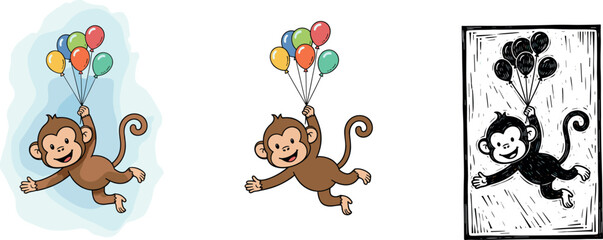 Happy Cartoon Monkey Mascot Flying with Colorful Balloons Vector Illustration - Party, Fun, Freedom, and Children's Adventure Concept