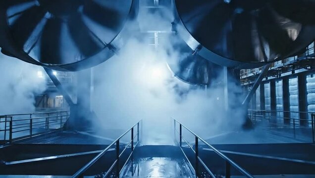 Industrial cooling fans create a dramatic atmosphere with mist and steam