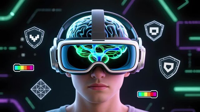 Neon vr headset brain hologram cyber security icon immersive gaming interface futuristic training focus protected mind secure