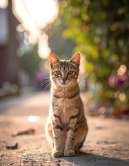 Fototapeta premium Cat sits on sunlit pavement, framed by blurry greenery and bright sky