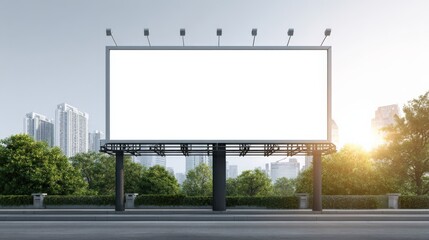 Fototapeta premium Billboard Mockup in Urban Environment: Advertising Space with City Skyline and Trees for Marketing Campaigns