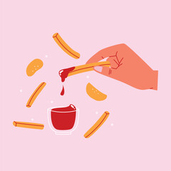 Fun and expressive flat illustration of a hand dipping french fries into ketchup.