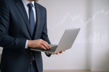 Professional businessman in a suit analyzes financial data on a laptop, with stock market overlay