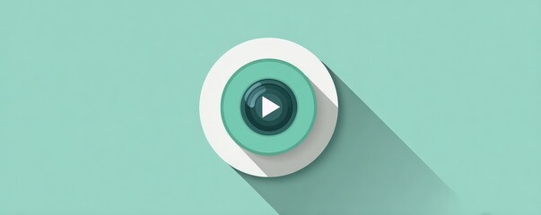 A simple, modern play button graphic with a circular design and a shadow effect, set against a mint green background.
