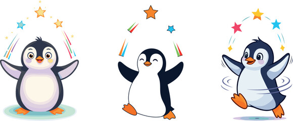 Happy Cartoon Penguin Mascot Dancing with Falling Stars Vector Illustration - Fun, Winter, Celebration, and Cute Animal Concept