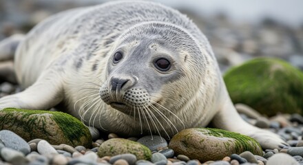 Naklejka premium Adorable Grey Seal Pup Resting on Pebble Beach, Natural Wildlife Portrait, Serene and Innocent