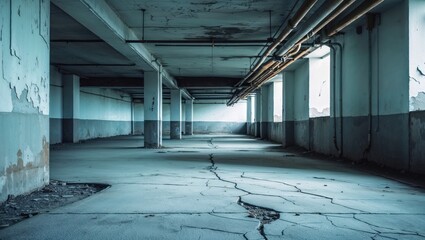 Naklejka premium Abandoned industrial building with cracked floor and peeling walls