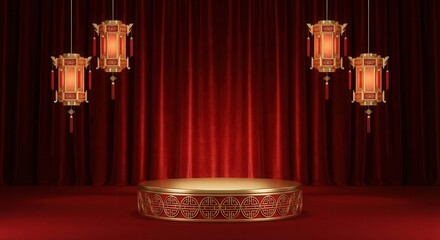Golden Podium Stage with Traditional Chinese Lanterns and Red Curtains for Product Display.