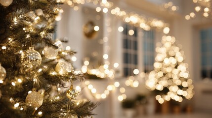 Fototapeta premium Elegant Christmas Interior: Golden Ornaments and Twinkling Lights Create a Festive Atmosphere
