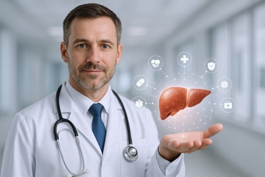 Medical Professional Displays Holographic Liver Image for Healthcare Diagnosis and Treatment in a Clinical Setting - Powered by Adobe