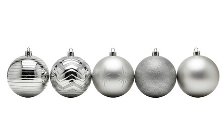 Macro close-up of five luxurious silver christmas baubles (chrome and matte) with geometric etching, linearly arranged against a transparent studio background, minimal holiday styling concept