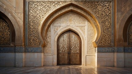 Ornate Islamic archway frames an ancient wooden door with intricate carvings