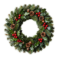 Holiday Wreath with Pine Cones and Red Berries