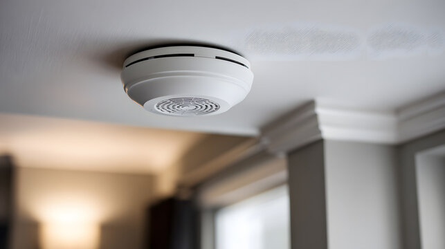 Modern smoke alarm installed on white ceiling in residential home, representing fire protection, safety equipment, smart home systems and risk prevention
