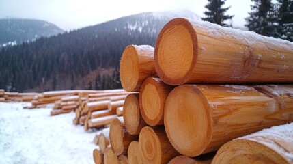 Stacked timber logs in a winter landscape. This image showcases natural wood with vibrant colors. The scene captures a rural, rustic style and is ideal for themes about nature. AI